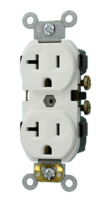 Leviton CR20-W 20-Amp, 125-Volt, Narrow Body Duplex Receptacle, Straight Blade, Commercial Grade, Self Grounding, White