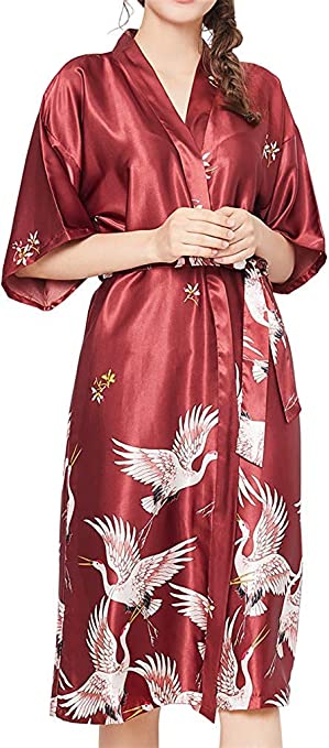 FLYCHEN Women's Satin Kimono Robe Sleepwear for Ladies Plus Size