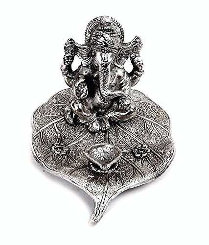 Lightahead Lord Ganesh Ganapati The Elephant God Statue Figure Diya Candle Stand Tea Light Holder on Leaf in White Metal