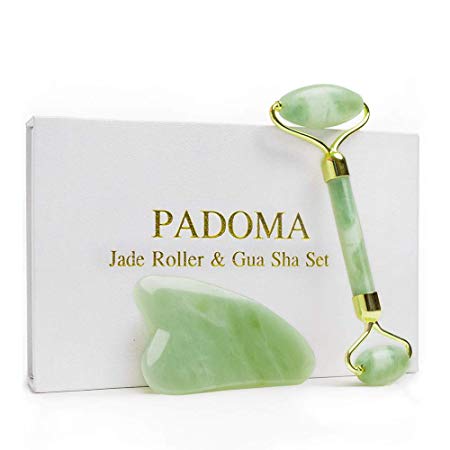 Jade Roller For Face Gua Sha Set Authentic Natural, Rose Quartz Roller for Neck, Eye, Jade Face Roller Massager Tool Puffy Eyes, Puffiness, Gemstone Facial Roller Anti Aging, Reduces Wrinkles