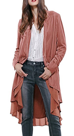 R.Vivimos Women Ruffled Asymmetric Long Velvet Blazers Coat Casual Jackets