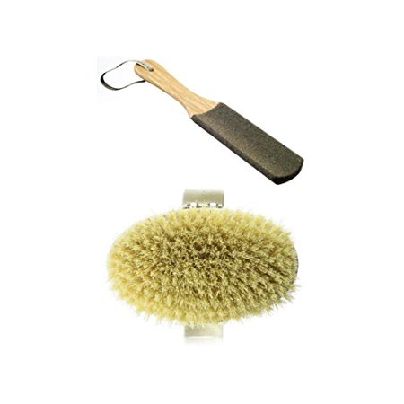 Dry Skin Body Brush with Cactus Bristles (Firm/Extra Firm Bristles) and Foot File with Natural Pumice