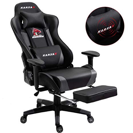 KARXAS Ergonomic Gaming Chair High-Back Racing Style Gamer Chair PU Leather Height Adjustable Computer Desk Chair with Massage Lumbar Recliner Footrest and Headrest(Gray)