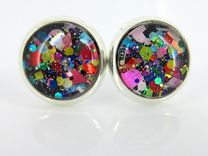 Silver-tone Black and Multi-Color Confetti Glitter Glass Stud Earrings Hand-painted 10mm