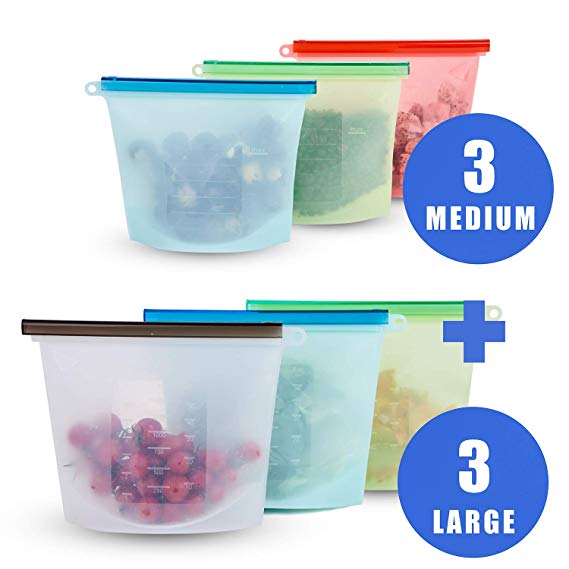 Reusable Silicone Food Storage Bags - (3 Small, 3 Large) -Cooking Containers Sets Of 6-For Steamer Freezer Microwave-Food Grade Preservation Zip Locked Bag-Vegetable Snack Meat Lunch Sous Vide Bag