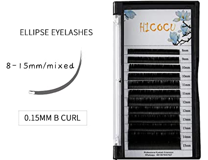 HICOCU Individual Eyelash Extensions 0.15mm B Curl8mm|9mm|10mm|11mm|12mm|13mm|14mm|15mm|MixedEllipse Flat Matte Lash Extensions soft Light Thickness Salon Use Mix