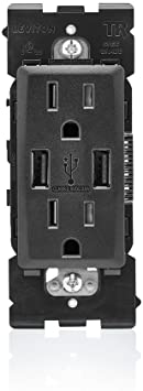 Leviton RUAA1-OB Renu USB Charger/Tamper-Resistant Duplex Outlet, 15A-125VAC, Onyx Black, 15-Amp