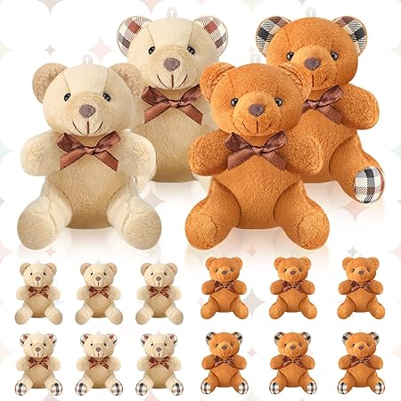 16 Pcs Mini Bear Stuffed Animal 4 Inch Bear Bulk Small Bear Mini Joint Bear Soft Tiny Bear Doll for DIY Keychain Party Favor Decor (Light Brown, Dark Brown)