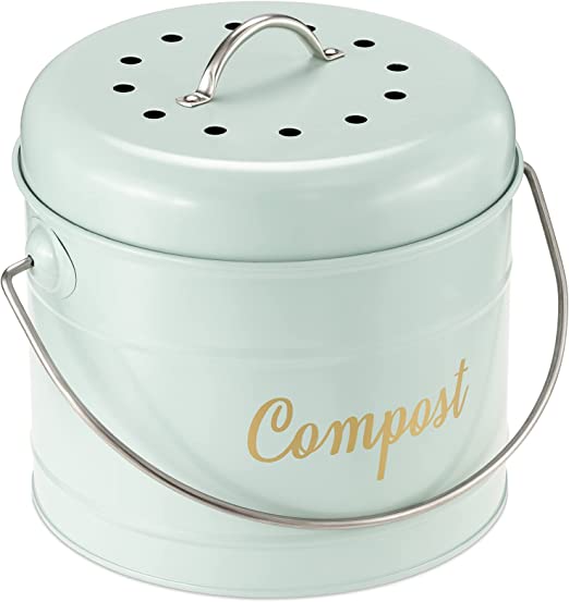 Navaris Kitchen Compost Bin - 0.8 Gallon (3.2 L) Metal Countertop Indoor Composter for Counter with Lid and 6 Charcoal Filters - Green, Size Small