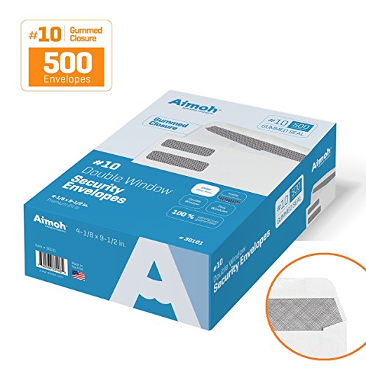 #10 Double Window Security Business Mailing Envelopes for Invoices, Statements and Legal Documents - GUMMED Closure, Security Tinted - Size 4-1/8 x 9-1/2 - White - 24 LB - 500 Count (30101)