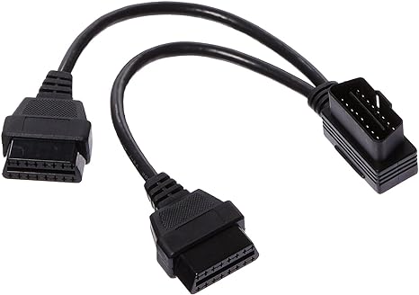 Right Angle OBD II 2 Y Splitter Cable 1'/30cm 1x Male and 2x Female J1962 Ports