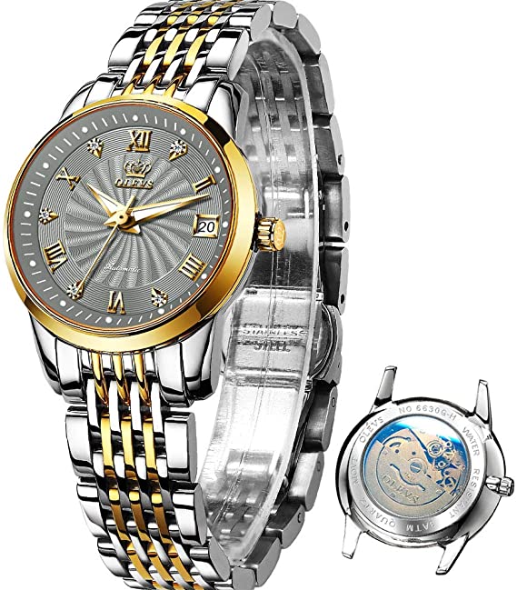 OLEVS Stainless Steel Automaitc Watches for Womens Ladies Mechanical self Winding Date Day Waterproof Luminous Watches