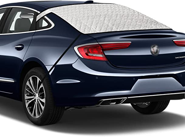IC ICLOVER Car Rear Windshield Snow Cover, Back Window Frost Guard for Ice and Snow Waterproof, 4 Layers Protection, Anti Theft Flap, Windproof Hook Straps [55×31.5 Inch] Fit Most Sedans Cars