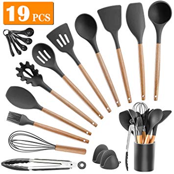 Kitchen Utensil Set Silicone Cooking Utensils - SZBOB 19pcs Kitchen Utensils Tools Wooden Handle Spoons Silicone Utensil Set Spatulas Set Cookware Turner Tongs Whisk Kitchen Gadgets with Holder
