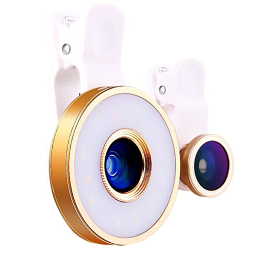 Universal Clip on Selfie Light, GTIMES™ Multifunction Portable Selfie LED Fill Light Lens 185° Fish-eye Lens 0.65X Wide Angle Lens 10X Macro Lens for iPhone Smartphones (Golden)