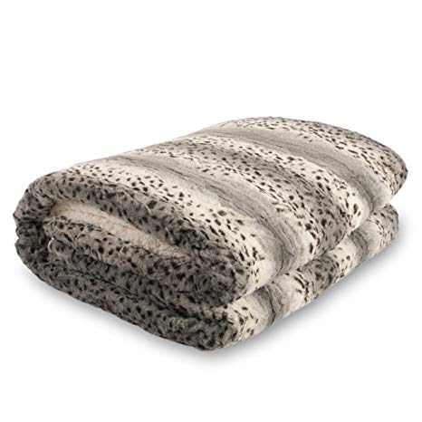 Bella Safari Faux Fur Plush Throw Blanket Comforter AQ607, Queen, Snow Leopard