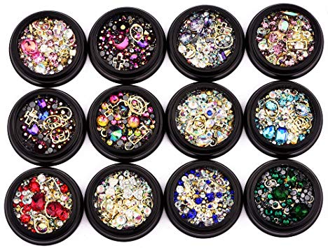 BlueZOO Mixed Nail Art Décor Accessories Decorations Rhinestones Diamonds Crystals Metal Studs Beads Gems for DIY Décor Pack of 12