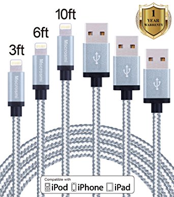 Mscrosmi 3Pack 3FT 6FT 10FT Lightning Cable Nylon Braided Lightning to USB Cable Sync iPhone 7/7 plus/6/6s/6 plus/6s plus, 5c/5s/5/SE, iPad 4/Air/Mini, iPad Pro, iPod Nano/Touch (gray silver)