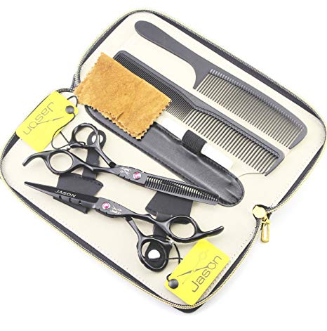 Jason Professional High Quality Black Hair Cutting Scissors Shears Barber Thinning Set Kit with Leather Case Salon Hairdresser Hair Cutting Tool (5.5 Inch)