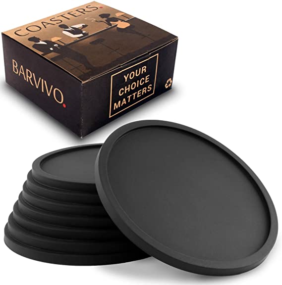#1 Best Drink Coasters by Barvivo - Danish Design & Quality. Eco-Friendly Coaster Set of 8 - Love it or Return it! Top Grade Silicone Ensure a Great Table Grib. Ideal for any Occasion & Drinks.