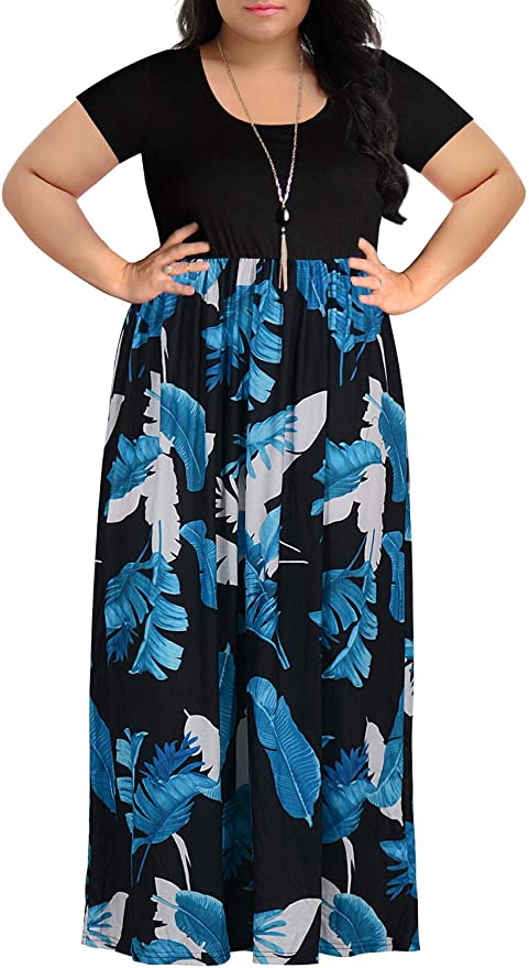 Nemidor Women's Chevron Print Summer Short Sleeve Plus Size Casual Maxi Dress