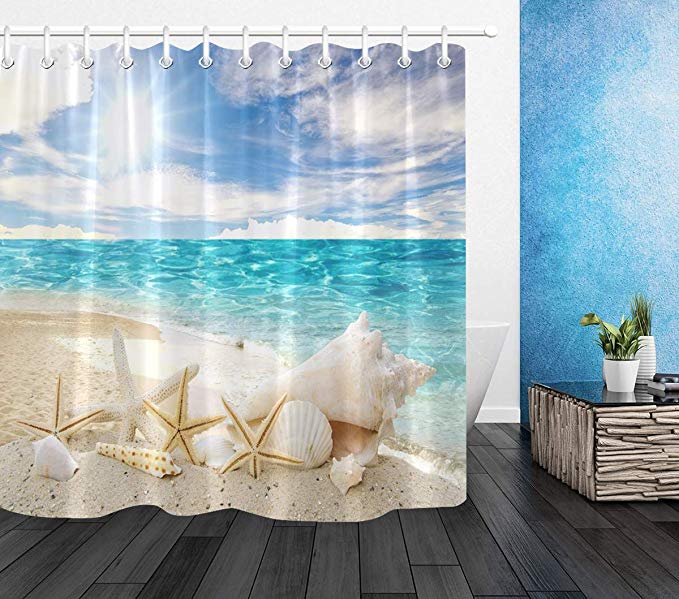 LB Beach Seashell Shower Curtain Decor,Summer Theme Conch Starfish Shells on Blue Coastal Bathroom Curtain for Kids,Waterproof Fabric 72x72 Inch with 12 Hooks