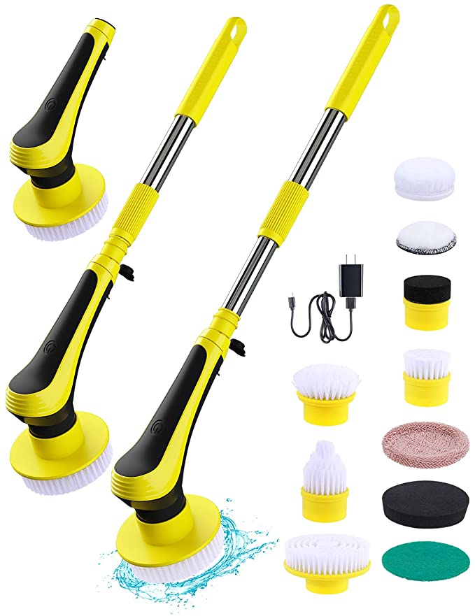 Electric Spin Scrubber, Ohuhu Cordless Bathtub Scrubber, Adjustable Extension Handle Cleaning Tools with Magnetic Design 10 Replaceable Brush Heads, Multipurpose Power Cleaner for Household