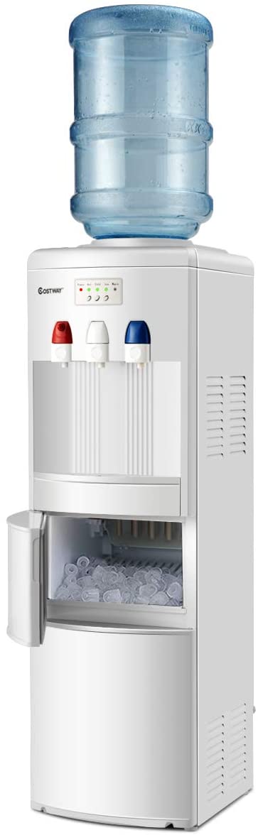 COSTWAY 2-in-1 Water Cooler Dispenser with Built-in Ice Maker, Freestanding Hot Cold Top Loading Water Dispenser, 27LBS/24H Ice Maker Machine with Child Safety Lock (White)