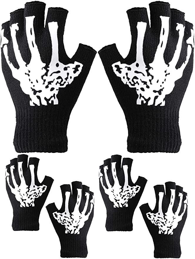 Cooraby 3 Pairs Halloween Skull Bone Gloves Black Glow in The Dark Knitted Skeleton Gloves