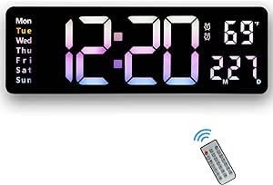 VECELO 16" LED Digital Wall Clock, Large Display Digital Countdown Clock with Remote Control, Auto-Adjustable Brightness, Calendar, Temperature, Dual Alarm, 12/24 H Format Digital Clock, Black