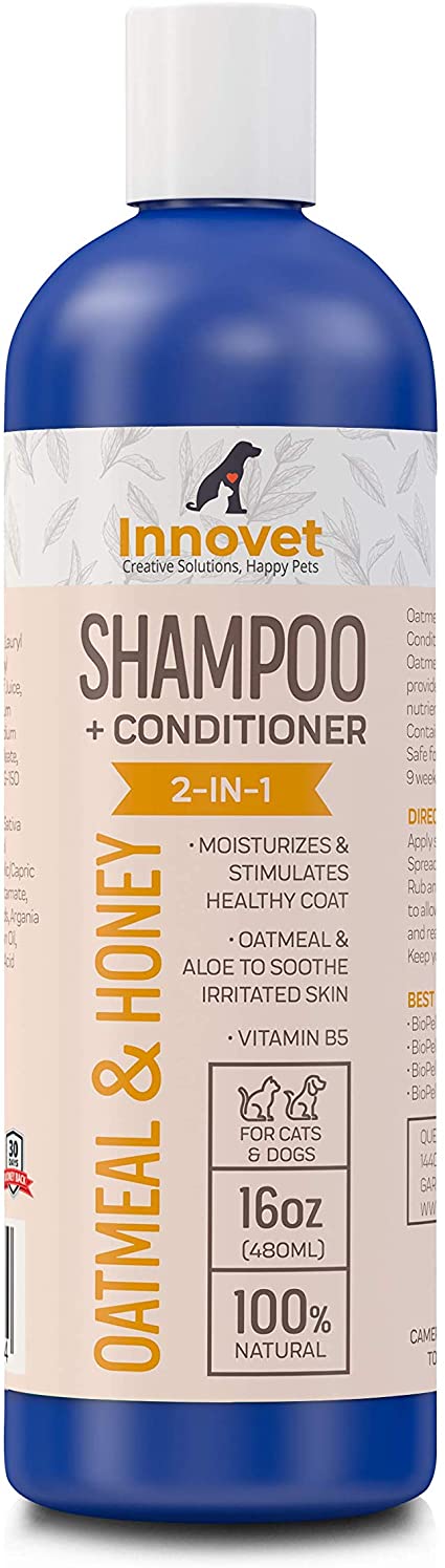Innovet Pet Products All Natural Oatmeal & Honey Shampoo   Conditioner for Dogs Cats & Small Pets - 16 Oz - No Tear Shampoo for Allergies, Sensitive, Dry Itchy Skin Relief | Made in USA