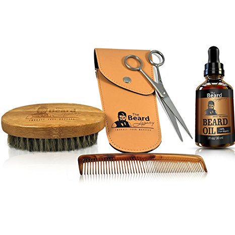 COMPLETE Beard Grooming Kit W/ Pouch- Stainless Steel Scissors, 5” Beard/Mustache Comb, 100% Natural Boar Bristle Brush. Includes Top-Rated Organic Beard Oil-Made With ARGAN OIL & JOJOBA OIL.