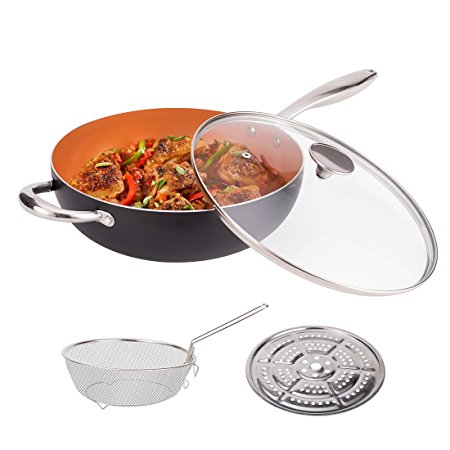 MICHELANGELO Ceramic 5 Quart Non Stick Wok Set with Glass Lid, Fry Basket, and Roasting / Steaming Rack, 5 Qt Wok With Cover, Non Stick Ceramic Skillet With Lid, Ceramic Nonstick Saute Pan With Lid