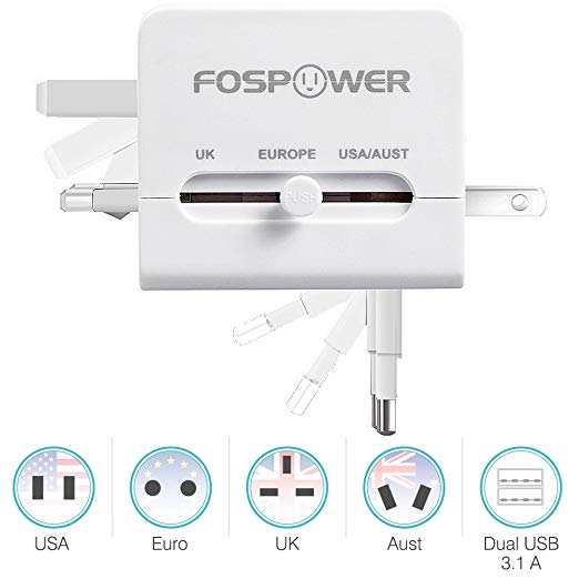 FosPower All-In-One International Power Adapter, High Speed [3.1A] Dual USB Ports Travel Plug Charger (US UK EU AU) for iPhone, iPad, Smartphones, Tablets, Laptop - White
