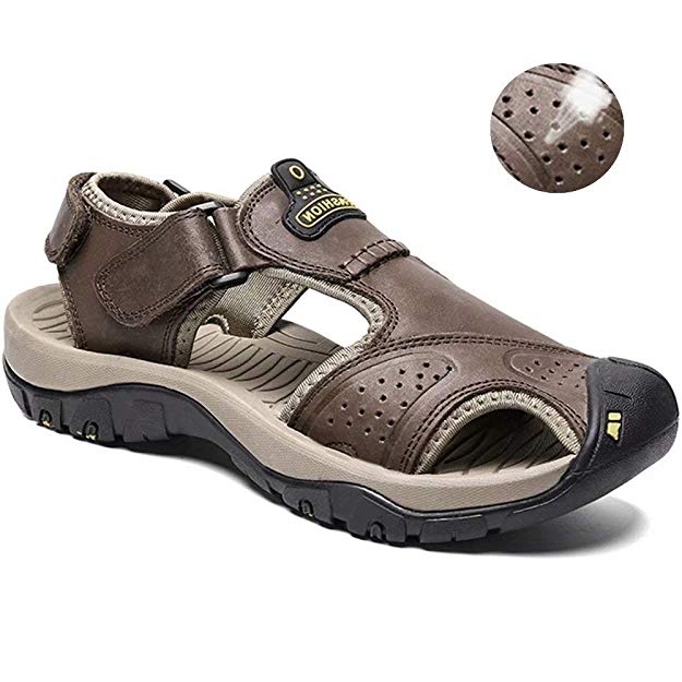 visionreast Mens Leather Sandals Outdoor Hiking Sandals Waterproof Athletic Sports Sandals Fisherman Beach Shoes Closed Toe Water Sandals