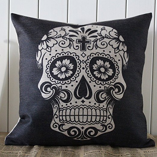 LINKWELL 45x45cm Black Skull Halloween All Hallows' Eve Gift Present Linen Cushion Covers Pillow Cases Trick-or-treating with Gift Card