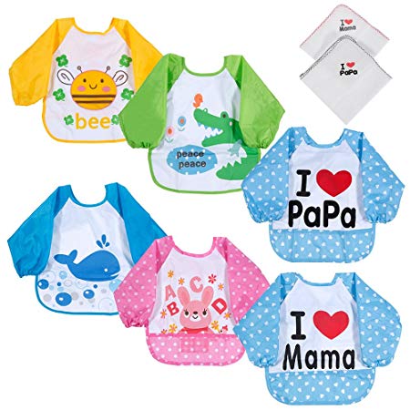 Lictin Bibs with Sleeves, Set of 6 Unisex Baby Waterproof Long Sleeved Bibs for 6-month Infants to 3-year-old Toddlers(Under 20kg) I love Mama Papa Design with 2 pcs 100% Cotton Baby Handkerchie