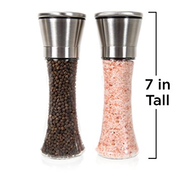 Special Introductory Price! Premium Tall Glass & Stainless Steel Salt and Pepper Grinder Set - Brushed Stainless Steel Pepper Mill and Salt Mill, Adjustable Ceramic Rotor By Simple Kitchen Products