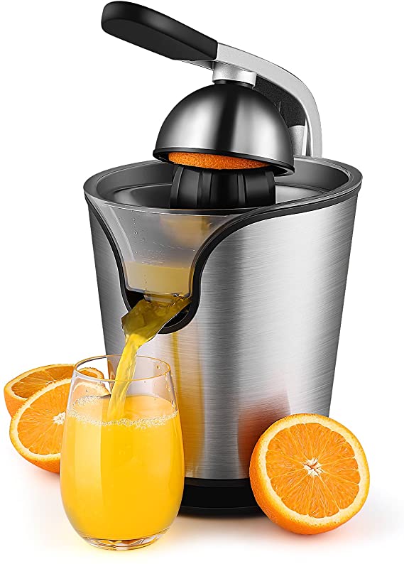 Hand Press Electric Citrus Orange Juicer Squeezer Machine - Motorized Pulp Control 160 Watt Juice Maker Extractor - Ergonomic Design Stainless Steel Stand with Rubber Handle and Cone Lid