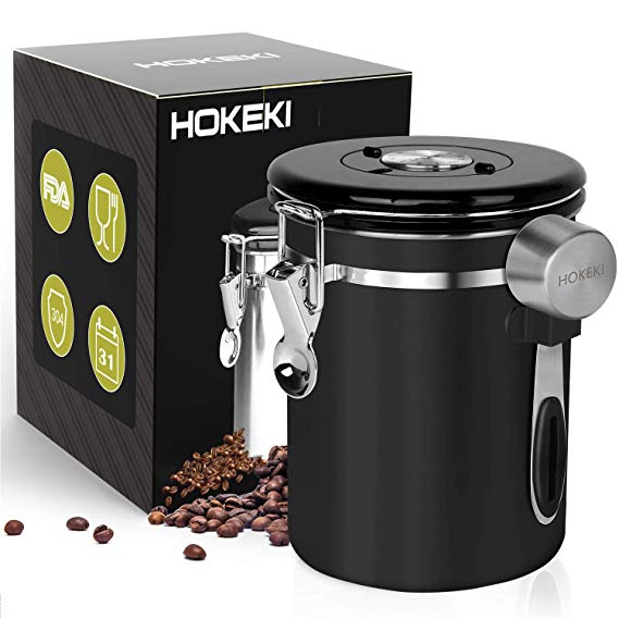 Airtight Coffee Canister, HOKEKI Stainless Steel Container for the Kitchen, Coffee Ground Vault Jar With One Way Co2 Valve And Scoop, Tea Coffee Sugar, Extra Coffee Spoon, 16 oz (Black)