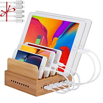 Bamboo Charging Station with 5-Port USB Charger - Fast Charger Station for Multiple Devices of iPhone, iPad and Universal Phones Tablets (Cables Included)