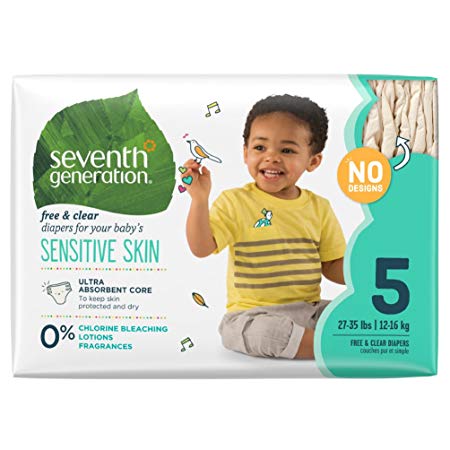 Seventh Generation Baby Diapers, Free and Clear for Sensitive Skin, Original No Designs, Size 5, 115