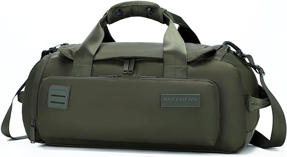 SKECHERS Travel Duffle Bag, Adjustable Strap Sport Shoulder Bag with Shoes Compartment, Waterproof Foldable Weekender Bag for Men Women (Olive)