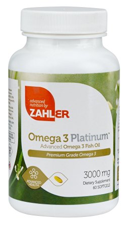 Zahler Omega 3 Platinum 3000mg, Triple Strength All-Natural Pure Fish Oil Supplement, Burpless Softgel with No Fishy Aftertaste, Highest in EPA and DHA,Certified Kosher, 60 Softgels