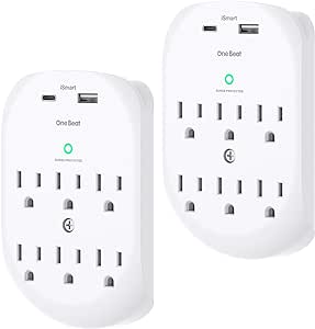 2 Pack Surge Protector Outlet, Multi Plug Outlet Adapter with 6 Wall Outlets 2 USB Wall Charger (1 USB C Port), Wall Outlet Extender, Multiple Outlet Wall Plug Splitter for Home Office Dorm Room