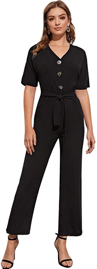 Milumia Women's Casual Round Neck Butterfly Short Sleeve Button Front Belted Work Romper Jumpsuit