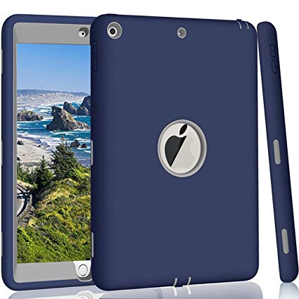 iPad 9.7 2018 Case, New iPad 2017 9.7 inch Case, Qelus Heavy Duty Rugged Shockproof Three Layer Armor Defender Impact Resistant Protective Case Cover for Apple New iPad 9.7 Inch-Navy Blue/Grey
