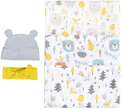 Bubzi Co Woodland Swaddle Muslin Receiving Blankets Set Pack of 3 –Gender Neutral Design -Soft 100% Cotton Fabric - 47 x 47 inch- 120 x 120cm – Infant Swaddling Blankets for Baby Registry Burp Diaper
