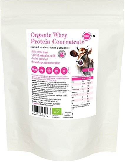 PINK SUN Organic Whey Protein Powder 1kg or 3kg (80% protein) - Soy Free, Grass Fed Hormone Free, Certified Organic, Unflavoured