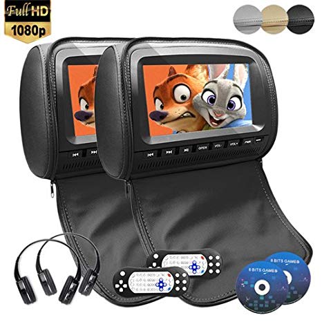 9 inch 1080P Car Headrest DVD Player Video Monitor with Leather Cover Zipper IR Wireless Headphones Games for Kids Road Trips Entertainment System Black Color (Non-Touch Screen, Black)